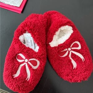 Maurices Red Fuzzy Slippers with Bow Accent